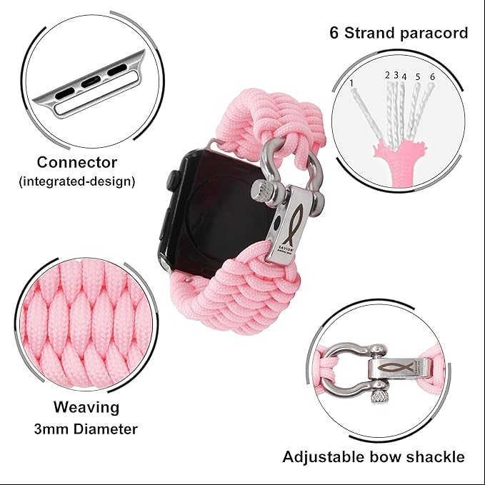 Savior Survival Gear Paracord Watch Band Compatible with Apple Watch 38mm and 40mm Apple Watch - Paracord Watch Band with Stainless Steel Adjustable Shackle (550 Paracord, Large) (Pink)