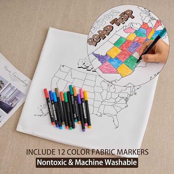 Let's go a Road Trip USA Map Coloring Pillowcase with 12 Fabric Markers, Set of 2, DIY Color 50 US States Visited Map Travel Tracker Pillow sham Cover case for Adventure RV Camper（18x18 inch）