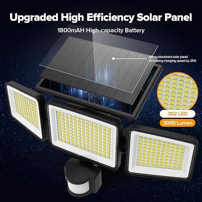 UME Solar Outdoor Lights 302 LED 3000LM, IP65 Waterproof Motion Sensor Outdoor Lights, 3 Heads Solar Security Flood Lights 270 Wide Lighting Angle with 3 Modes for Garden Patio Yard