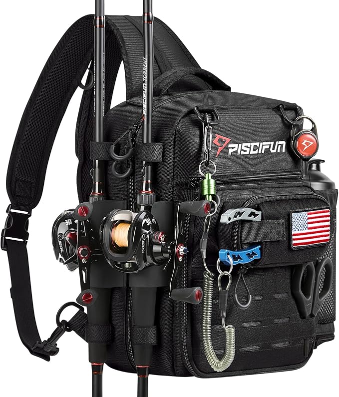 Piscifun Fishing Tackle Backpack, Convertible Sling or Waist Pack, 16-Pocket Storage Gear Bag with 2 Rod Holders & Rain Cover