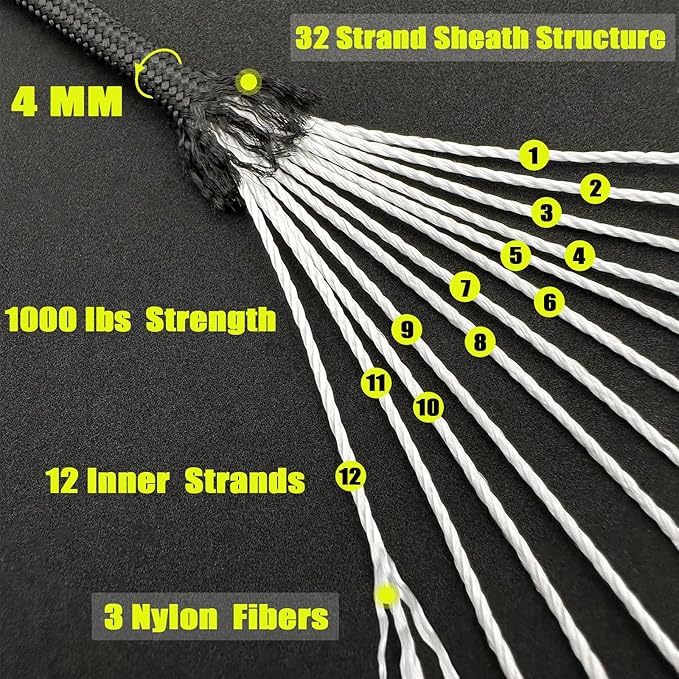 VVAAGG 1000 Black Paracord Rope, 50ft 12 Strand Parachute Cord for Crafting, DIY Projects, Survival Bracelets, Camping, Tent, Clothsline, Outdoor Hiking, Fishing (Black, 50FT)