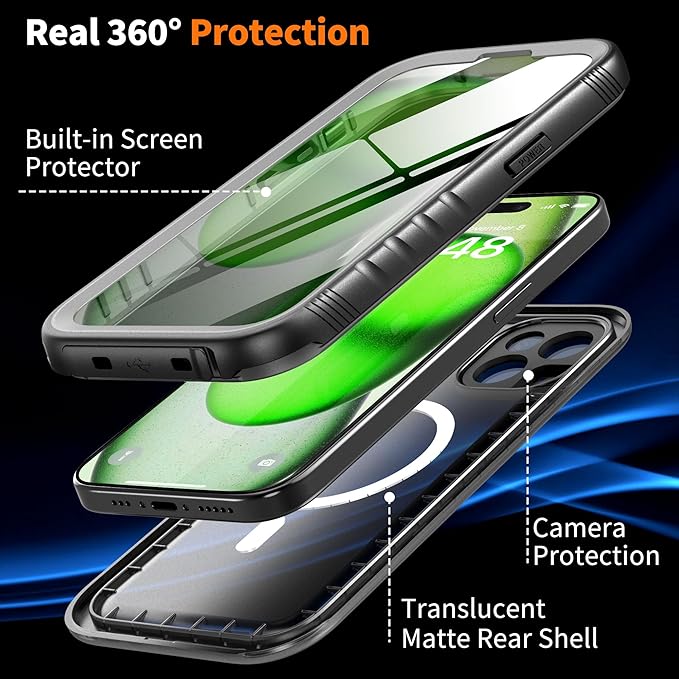 Cozycase for iPhone 15 Plus Waterproof Shockproof Dustproof Case [Compatible with MagSafe] - Heavy Duty/360 Full Body/Military Grade/Rugged Built in Screen/Camera Protector with Lanyard Black