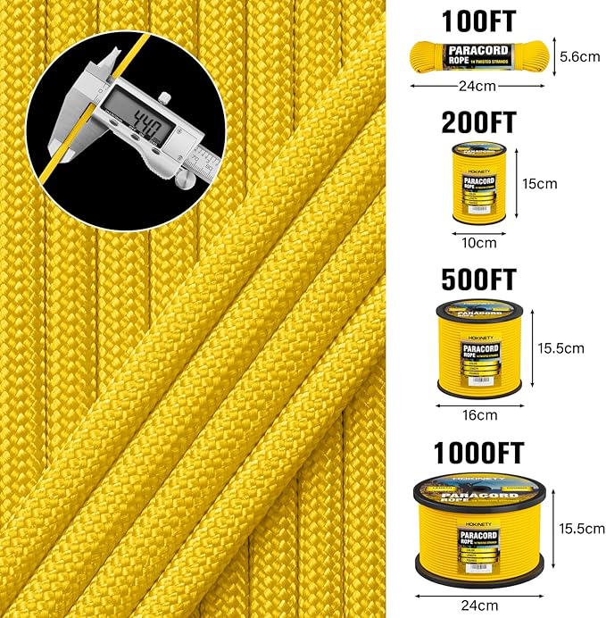 1200 Paracord Rope - 4.4mm 14 Strand Nylon Parachute Spool para Cord Lanyard for Outdoor Camping Survival Utility Tent Crafting DIY Projects Fishing Clothsline Bracelet - Yellow 200FT
