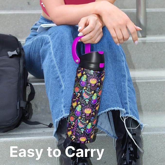 Encool SwiftSip Insulated Stainless Steel Water Bottle with Straw - Leak Proof Sports Water Bottle for School, Travel, Keeps Cold All Day, One-Touch Flip Lid, BPA-Free, 32 oz, Meowgic Night