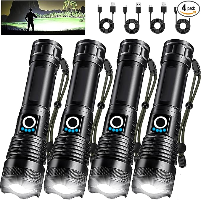 Lylting 4 Pack Rechargeable LED Flashlights High Lumens, 90,000LM Super Bright Flashlight, Adjustable Powerful Flash Light with USB Cable & 5 Modes, Waterproof Handheld Flashlight for Home Camping