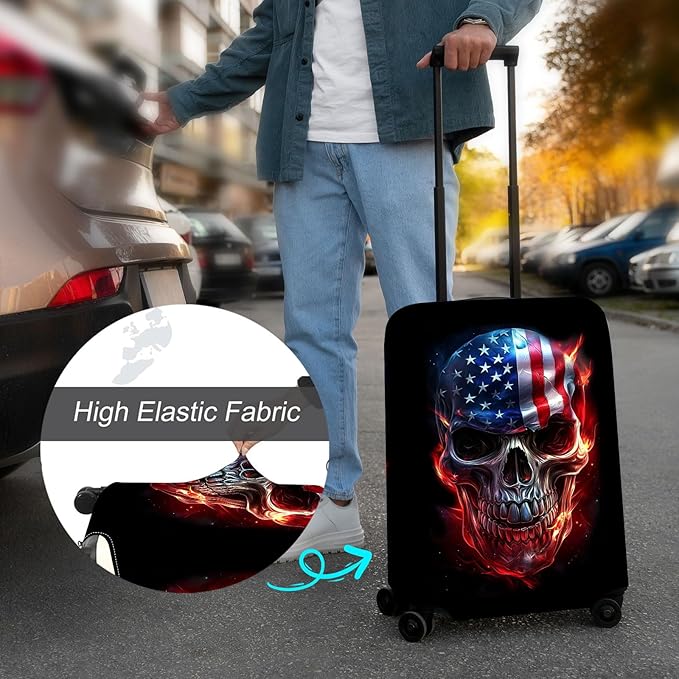 Luggage Cover Protector for 26-28 Inch Suitcases, TSA Approved Elastic Travel Suitcase Covers, Anti-Scratch Washable Luggage Sleeve for Carry On & Checked Bags, Skull American Flag