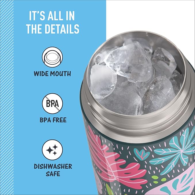 THERMOS FUNTAINER 16 Ounce Stainless Steel Vacuum Insulated Bottle with Wide Spout Lid, Tropical Foliage