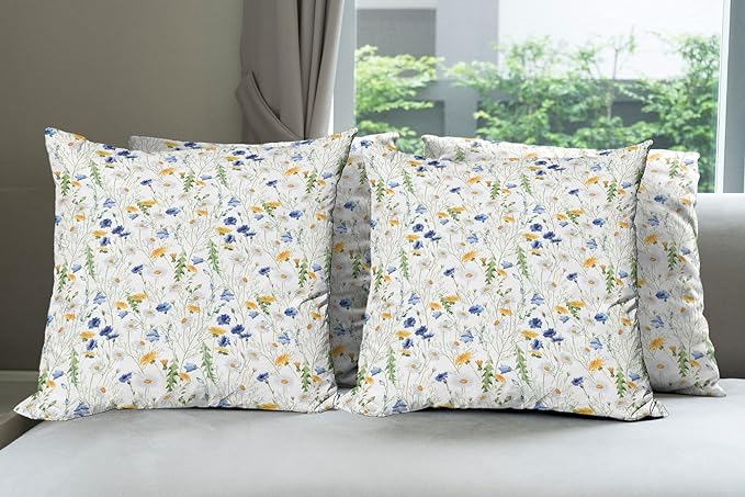 Ambesonne Flower Decorative Throw Pillow Case Pack of 4, Wild Flowers Poppies and Daisies Rural Nature Scenery in Meadows Rustic, Cushion Cover for Couch Living Room Car, 18", Yellow White
