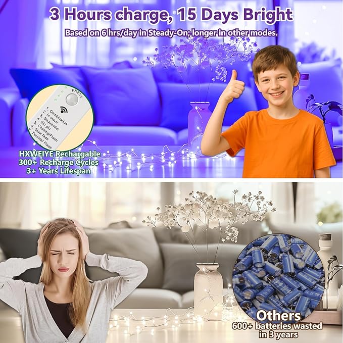 HXWEIYE Rechargeable Fairy Lights Battery Operated, DIY Timer & 8 Modes, 2 Pack 16FT 50LED Twinkle String Lights Indoor, Led mini Lights for Bedroom Wedding Dorm Christmas Tree Decor (Purple)
