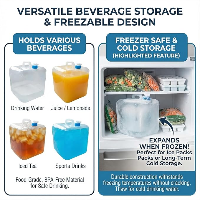 3-Pack 5.3 Gallon (20L) Collapsible Water Containers with Spigot - BPA-Free PE Water Jug - Leak-Proof Water Storage Bag for Camping, Hiking & Emergency Backup - Portable, Foldable