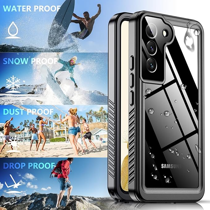 SPIDERCASE for Samsung Galaxy S22 Waterproof Case, [12FT Military-Grade Drop Protection] IP68 Water Resistance [Built-in Screen Protector] Full Body Sealed Protection Phone Case 6.1", Black/Clear