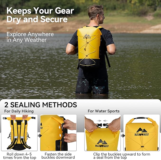 MARCHWAY Floating Roll Top Dry Bag, Flexible Lightweight TPU Waterproof Backpack 20L/30L/40L with Padded Straps for Boating, Kayaking, Swimming, Hiking, Beach (Yellow, 20L)