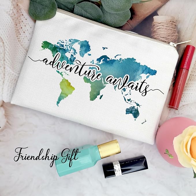 Travel Bag Adventure Awaits Makeup Case Cosmetic Bag Nature Linen World Map Makeup Bag Great Gift for Travel