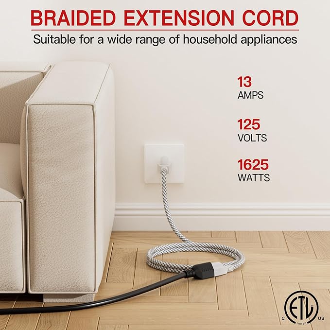 16/3 Braided Extension Cord 15 FT, Braided Extension Cord Flexible & Durable, Indoor 3 Prong Power Cable, Suitable for Home and Office, 13 Amp 1625 Watt 125VAC 16AWG, ETL Listed