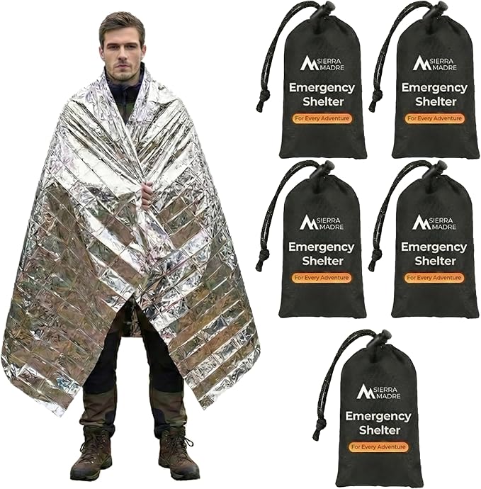 Sierra Madre Emergency Mylar Thermal Space Blanket for Survival – Waterproof Safety Shelter Retains 90% Body Heat – Ultralight & Compact Gear for Camping, First Aid & Prepper Supplies