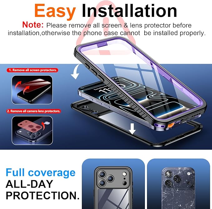 SPIDERCASE for iPhone 17 Pro Case Waterproof, Built-in Lens & Screen Protector, Full Heavy Duty Protection, 12FT Military Shockproof, Dustproof, Anti-Scratched Phone Case,Purple/Clear