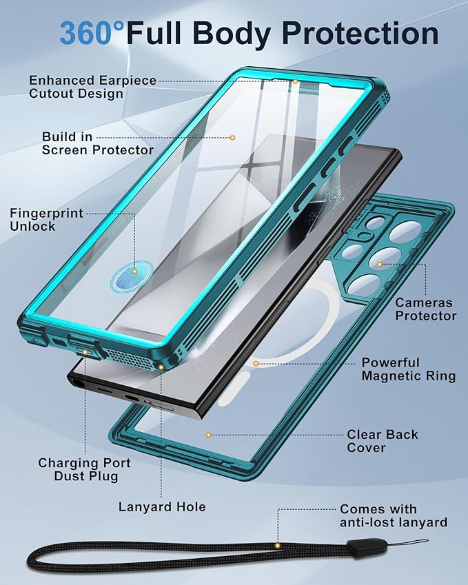 for Samsung Galaxy S24 Ultra Waterproof Case, [Fit for Magsafe] [IP68 Water Proof] [Built-in Screen Protector], Magnetic Heavy Duty Military Grade Rugged Phone Case for S 24 Ultra 6.8", Teal