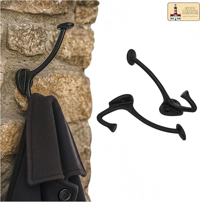 Mystic Colonial Medieval Cast Iron Wall Hooks Pack of 10 (4 in x 3 in) Heavy Duty Dual Hooks for Coats, Hats, Keys & Bags | Rustic Black Metal Hangers | Strong, Sturdy & Decorative Wall Hardware
