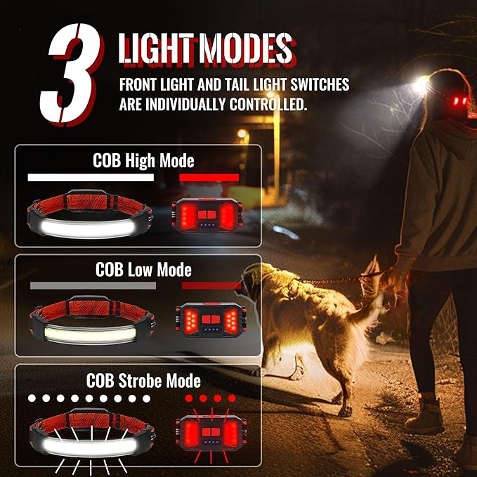 Adelante LED Headlamp Flashlight, 2Pack 1000LM 230°Wide-Beam Rechargeable Head Lamp for Adults, Red Taillight & 8 Clips Waterproof Hard Hat Light Headlamps for Running Hiking and Camping