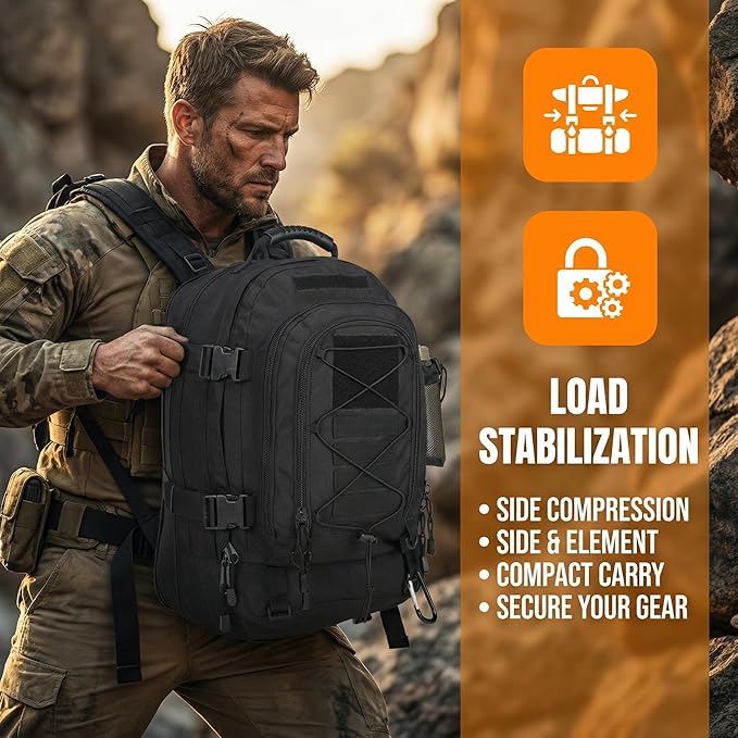 Large Military Bug Out Bag 3 Day Pack Expandable Backpack Army Daypack for Outdoor Hiking Hunting (Black)