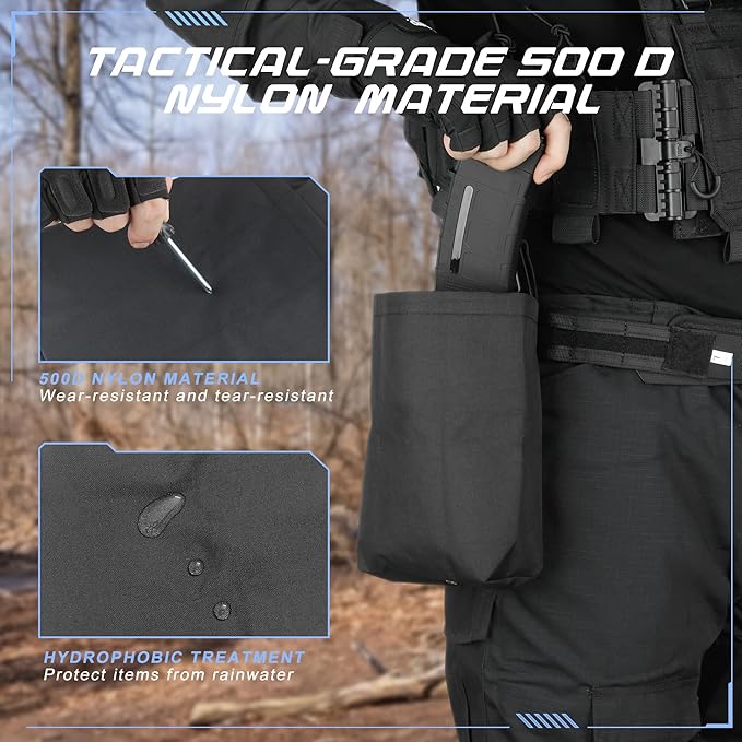 Tactical Dump Pouch for Battle Belt & MOLLE Systems | Foldable Mag Pouch with Drawstring Closure | for Hunting, Duty, Paintball | Includes Flag Patch
