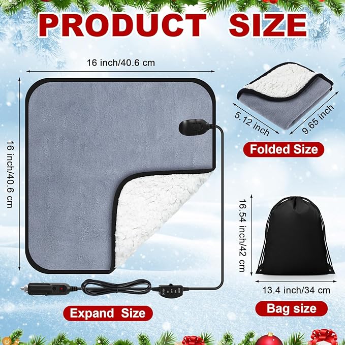 Tuanse 16 x 16 Inches Car Electric Blanket 12 Volt Heated Car Blanket with Temperature Controller and Black Storage Bag Cold Weather Tailgating and Emergency Kit(Gray, White Cotton,Blank)