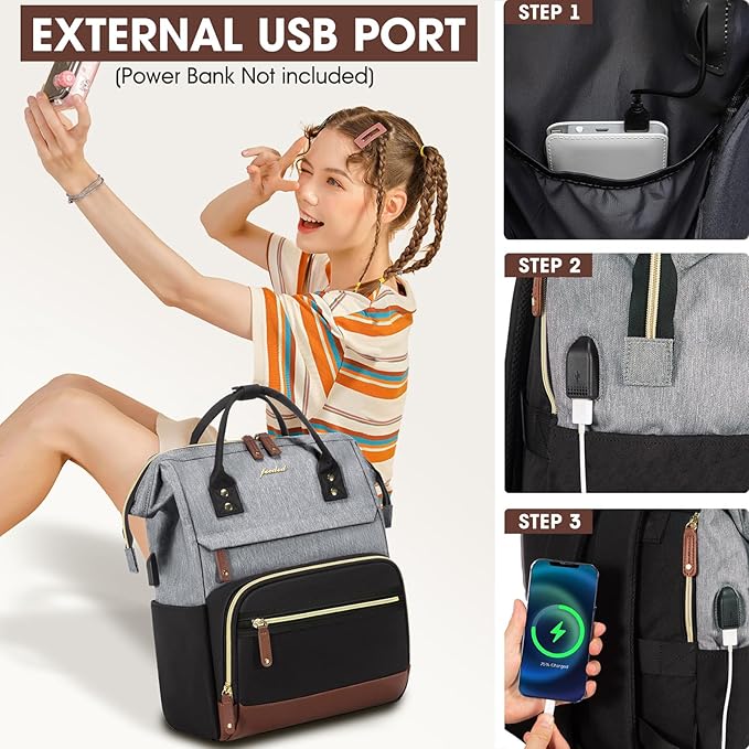 Focdod Laptop Backpack 17.3 Inch Womens Professional Purse Computer Bag Nurse Teacher Backpack College Work Bags Carry on Travel Back Pack with USB Port Black-Grey-Brown