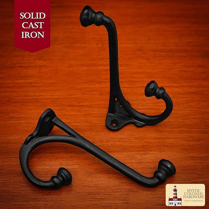 Mystic Colonial Rustic Cast Iron Wall Hooks Heavy Duty Retro Utility Hooks for Hanging Coat, Bag, Towel, Robe, Hat & More Decorative Wall Mount Hooks, Pack of 10, Black