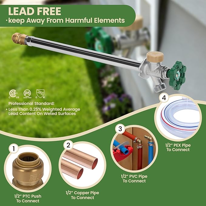 Watflow 12 Inch Anti-Siphon Frost Sillcock, ASME B16.34, Frost-Proof Outdoor Water Faucet, Wall Mount, 1/2" Push-to-Fit Connector to 3/4" GHT Hose Bib, 120 PSI, Outdoor/Frost-Proof Spigot