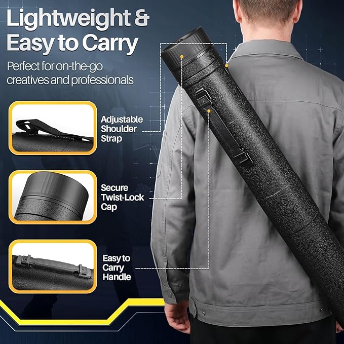 Flexzion Poster, Art, Document Tube with Strap, Expandable Waterproof Plastic Container, Telescoping Cylindrical Storage Case, Portable Paper Holder for Draft Sketch Blueprint, Black, youth large / 11