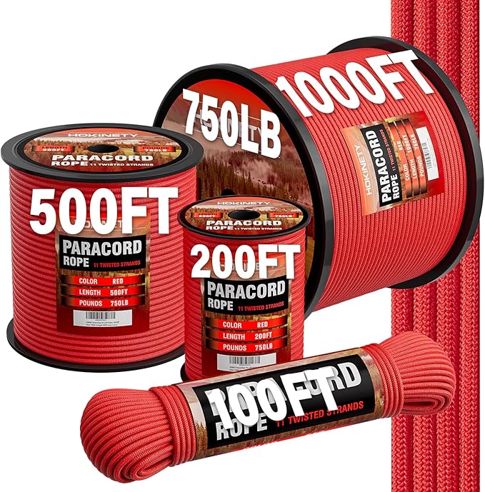 Paracord Rope 750 - Parachute para Cord 4mm 11 Strand Spool Rope Utility Nylon String for Outdoor Camping Survival Utility Tent Crafting DIY Projects - Red 200ft