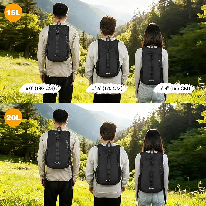 Seektop 15L Small Hiking Backpack for Women Men, Lightweight Hiking Packable Daypack with Phone Pocket for Travel Camping (Black, 15L)