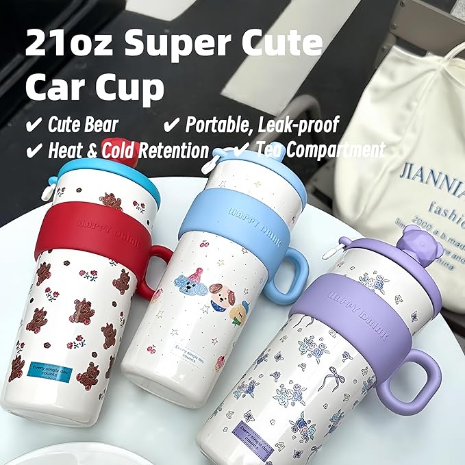 21oz Cute Bear Car Cup with Straw & Cap, Leak-Proof Portable Mug with Tea Strainer, Insulated for Hot/Cold - Ideal for Car, Office, Outdoor (Green)