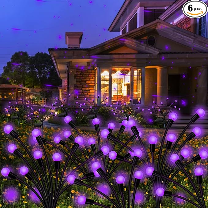 Kohlrabi Solar Garden Lights Outdoor, 6 Pack 48 LED Solar Purple Firefly Lights Waterproof, Sway by Wind, Halloween Swaying Light for Yard Patio Backyard Garden Planter Flower Bed Pathway Decoration