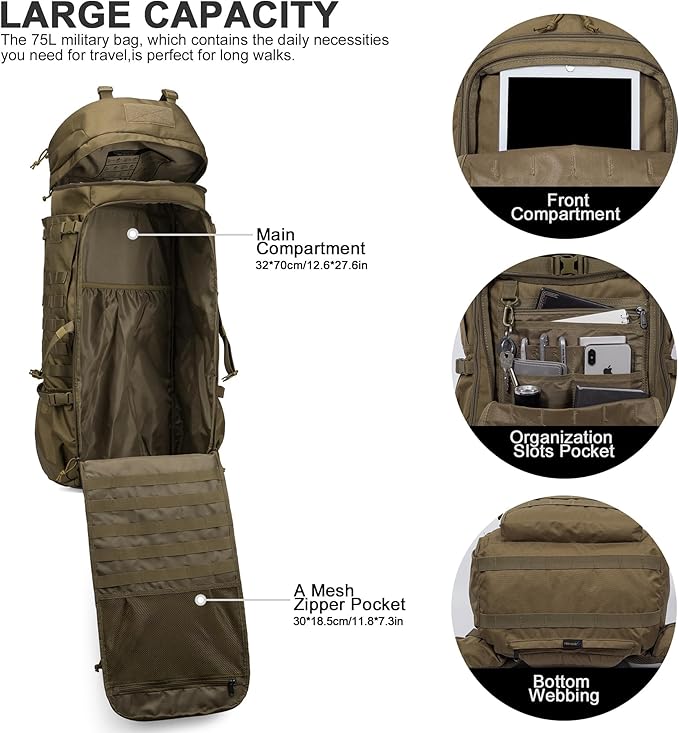 Mardingtop 75L Molle Hiking Internal Frame Backpacks with Rain Cover for Camping,Backpacking,Travelling(Khaki)