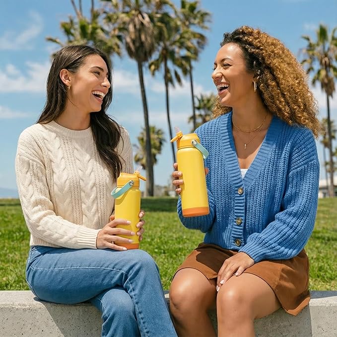 Fijinhom 18oz Insulated Stainless Steel Water Bottle, Wide Mouth Double Wall Vacuum, Silicone Straw, Sweat & Leak Proof, BPA Free Insulated Water Flask for Travel, Keep Cold 24h Hot 12h, Lemon