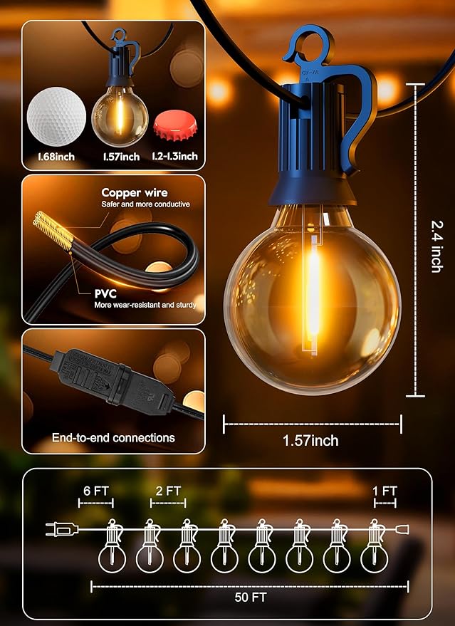 Outdoor String Patio Lights, 50FT 25 LED Patio Lights Waterproof, Connectable Shatterproof Hanging Outside String Light for Backyard, Porch, Deck, Balcony, Garden, House Decor, 2200K