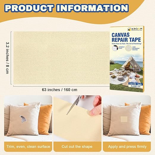 Canvas Repair Tape, 3.2 x 63 Inch Waterproof Heavy Duty Fabric Tape for Furniture, Self Adhesive Canvas Repair Patches for Boat Covers, Sofas, Tents, Louge Chairs, Canopy, Awning Army Green