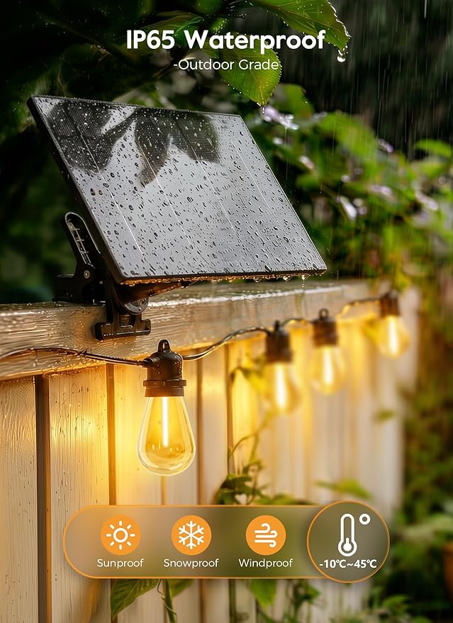 Minetom 202FT Solar String Lights Outdoor Waterproof, 65 LED S14 Shatterproof Bulb, Patio Lights with Remote Type-C Port Timable, 3 Light Modes Dimmable Solar String Lights for Outside, Yard, Camping