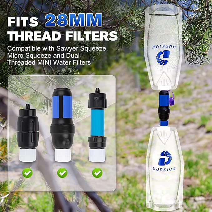 1L Collapsible Water Filter Bags and Water Filter Coupling Kit Compatible with 28mm External Threaded Filters, Foldable Backpacking Bottle for Traveling, Hiking, Camping - 4 × 33.8oz