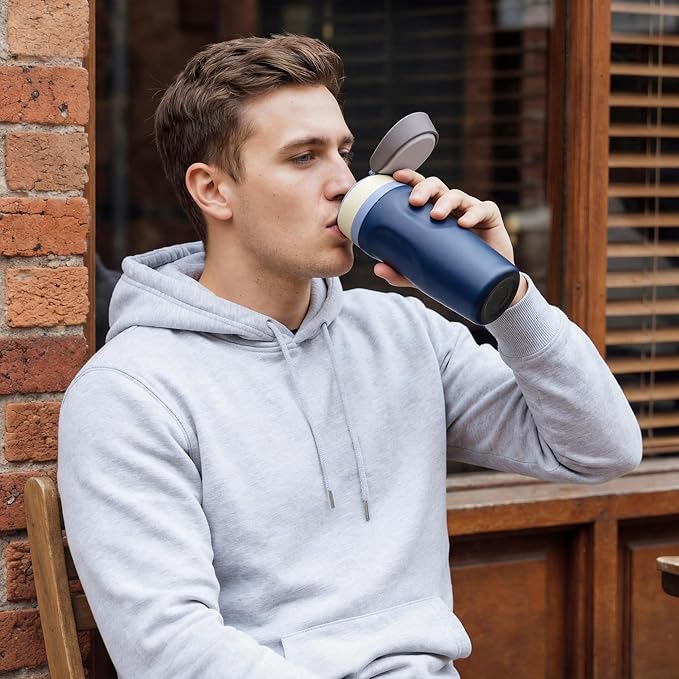 Fijinhom 16 oz Insulated Water Bottle,Stainless Steel Sports Water Bottle with Straw, Double Wall Vacuum Leak Proof, Cold for 24 Hours, BPA Free for Travel, Sport, Outdoor, Dark Blue