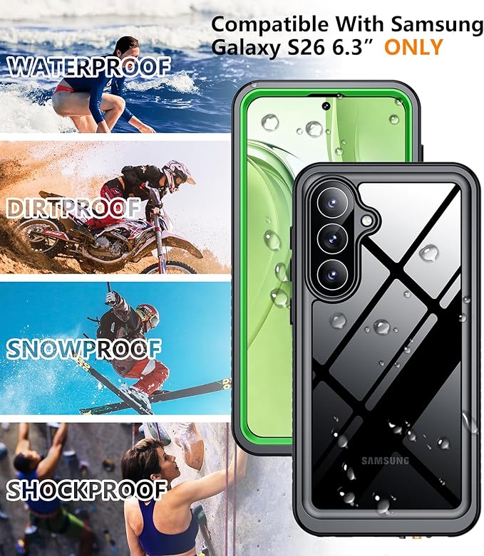 Temdan Designed for Samsung Galaxy S26 Case Waterproof, Built-in Lens & Screen Protector Military Shockproof Dropproof IP68 Underwater Full Body Phone Case for Galaxy S26 5G 6.3"-Green (2026)