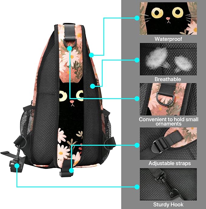 FyLybois Cat Sling Bag for Women Lightweight Crossbody Backpack Casual Daypack with Adjustable Strap for Travel Work Hiking Everyday Use (Black)