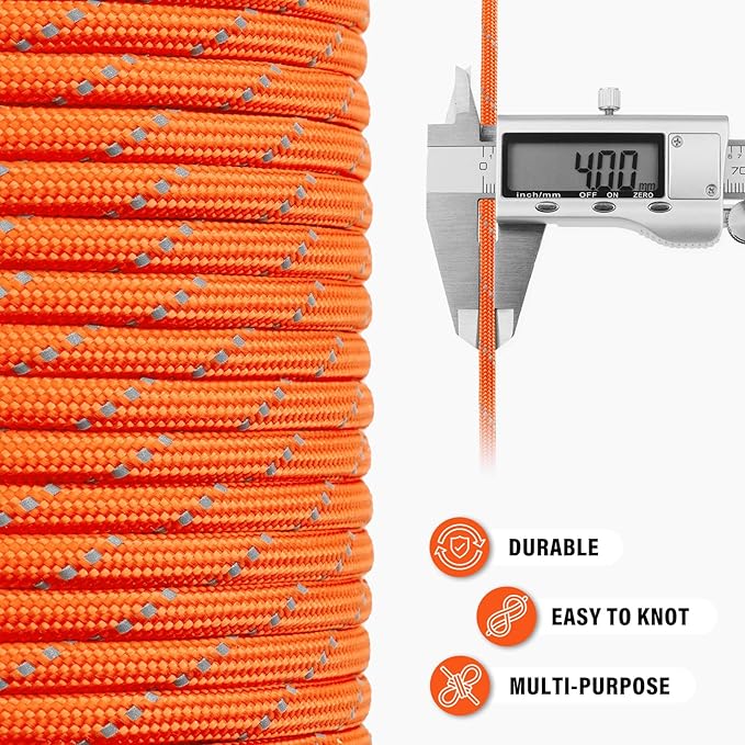 Reflective Paracord Rope 750 lb - 500ft 5/32" Parachute Cord 4MM 12-Strand para Cord - Heavy Duty Spool String for Survival,Camping Gear, Survival Bracelet, Clothesline - Orange
