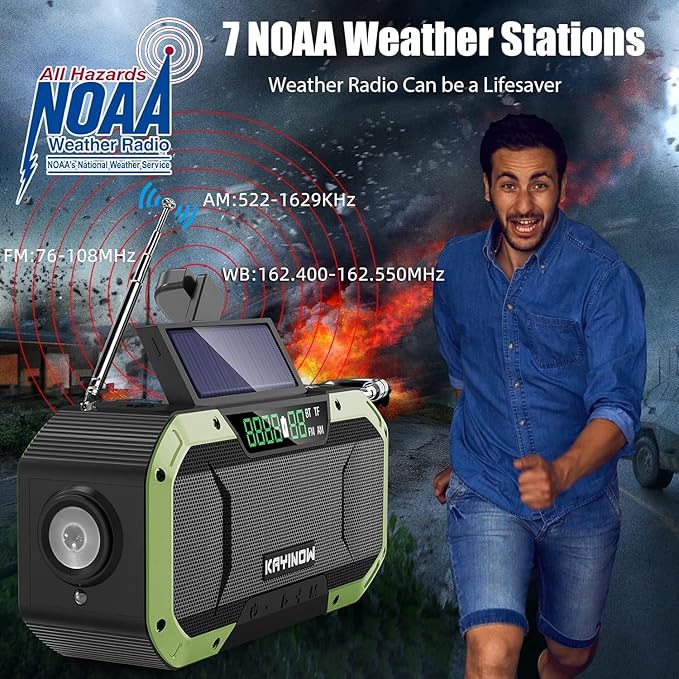 Hand Crank Solar Power Emergency Radio with Waterproof Bluetooth Speaker,Portable AM FM NOAA Weather Radio,5000mAh/18500mWh Rechargeable, Phone Charger,Flashlight,SOS,Survival Storm Camping