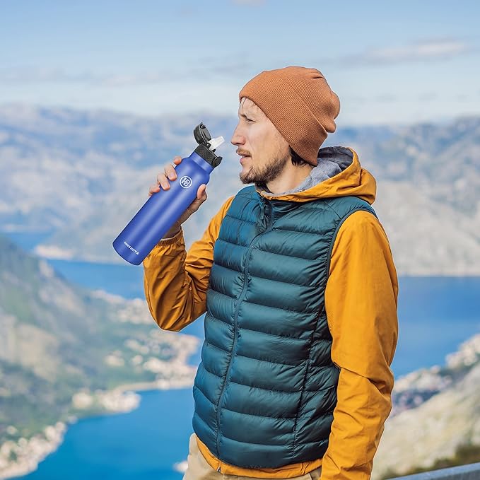 Han's Bottle Sports Water Bottle - 32 Oz, Straw Lid, Leak Proof, Vacuum Insulated Stainless Steel, Double Walled, Thermo Mug,Navy Blue