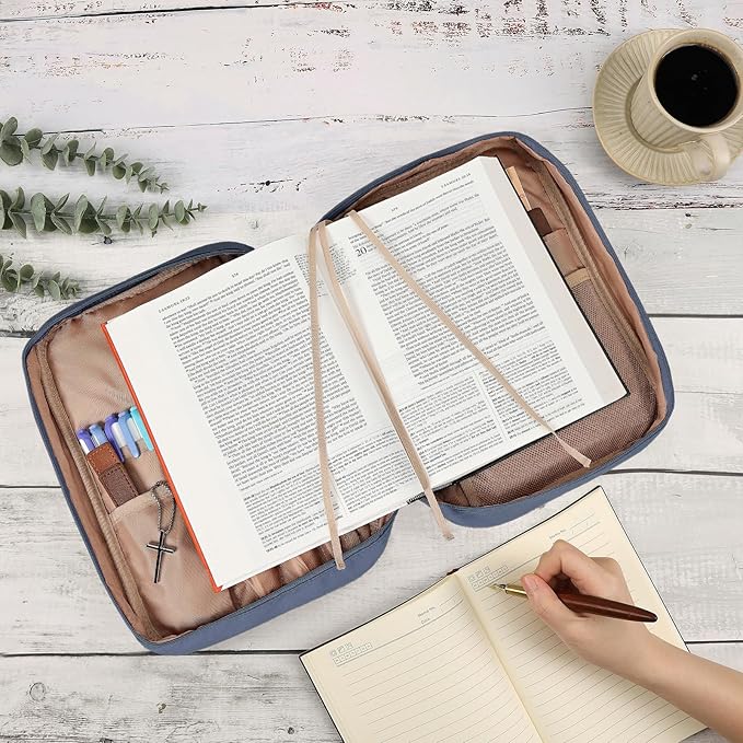 FINDCOZY Bible Cover for Women, Durable Carrying Book Case Church Bag for Biblical Accessories with Handle and Zippered Pocket,Blue-Grey