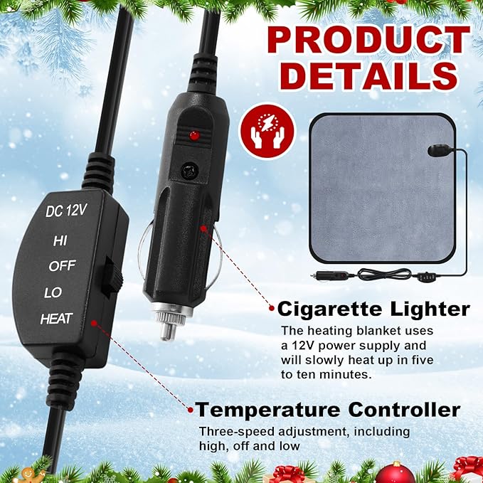 Tuanse 16 x 16 Inches Car Electric Blanket 12 Volt Heated Car Blanket with Temperature Controller and Black Storage Bag Cold Weather Tailgating and Emergency Kit(Grey,Blank)