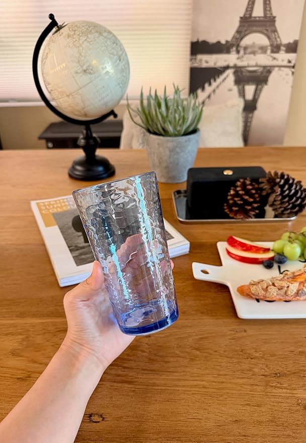 KLIFA- NICE- 14.7 & 20 ounce, Set of 8, Acrylic Tumbler & Highball Drinking Glasses Cups, BPA-Free, Stackable Plastic Drinkware, Dishwasher Safe, Blue