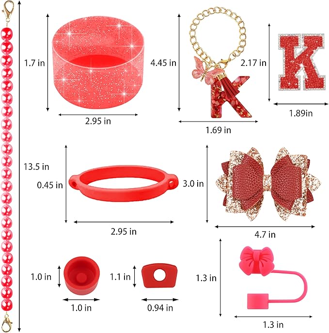 9PCS Red for Stanley Cup Accessories Set Bling Initials Bow Charms for Stanley Decorations 30/40 Oz Tumbler Accessories Including Bow Straw Topper, Handle Strap, Spill Stopper（Letter K）